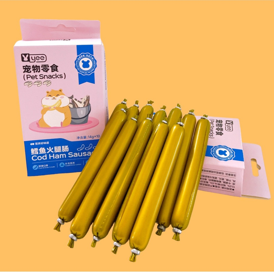 ร้านโทโมะ   Yee Cod Ham Sausage ไส้กรอกปลาคอด ไม่เค็ม สำหรับสัตว์เล็ก แฮมสเตอร์  ชูการ์ไกรเดอร์ สุนัข แมว