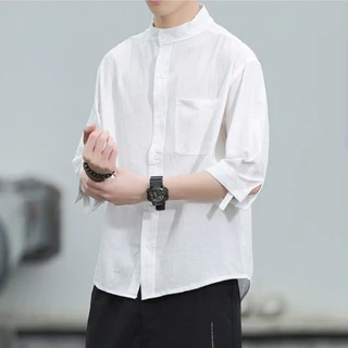 เสื้อเชิ้ตผู้ชาย เสื้อคอจีนผู้ชาย ผ้าฝ้าย และผ้าลินิน ระบายอากาศดี แบบบาง คอปก แบบเรียบง่าย