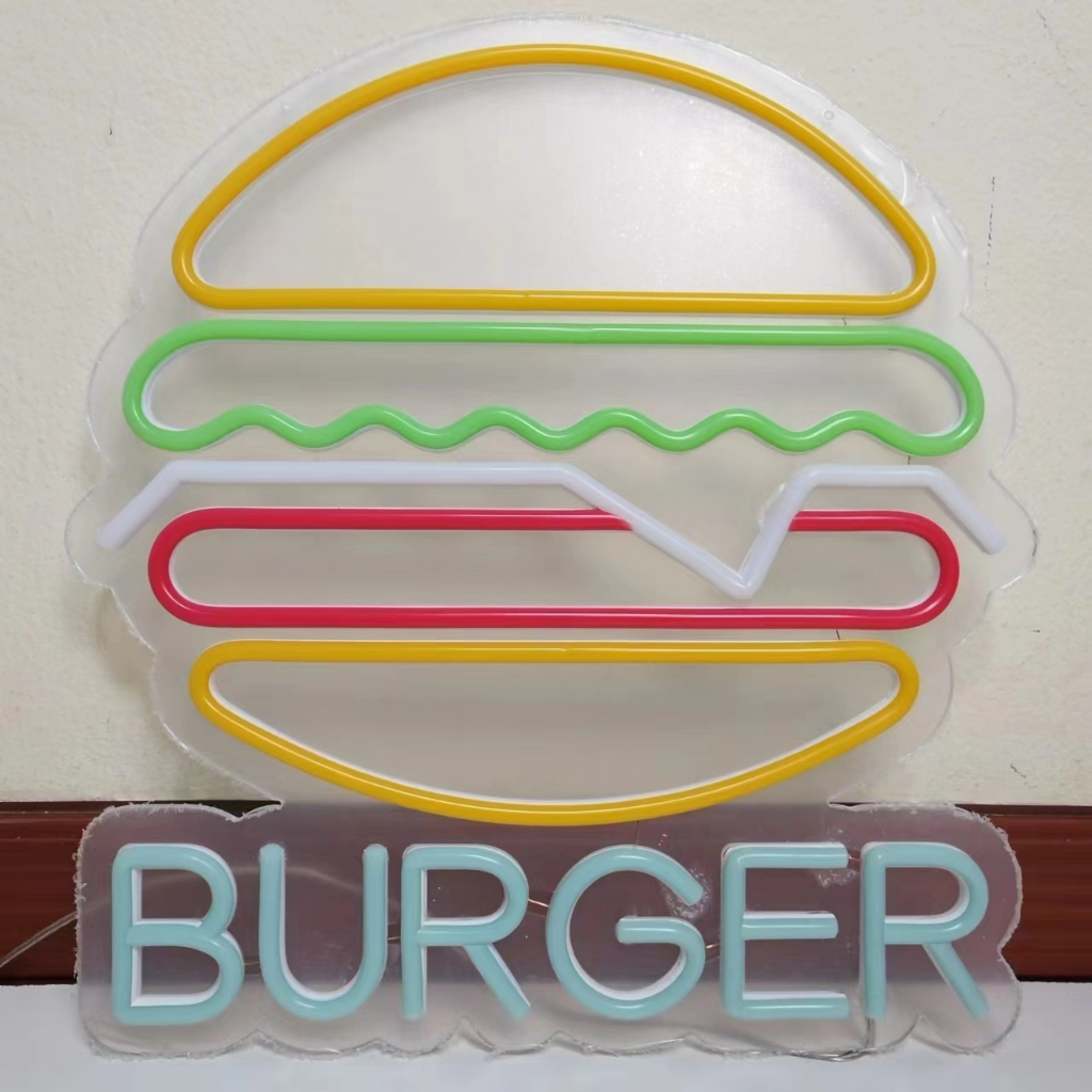 ป้ายไฟ LED ป้ายไฟ รูปแฮมเบอร์เกอร์ BURGER ป้ายไฟร้าน ขนาด 37 X 32 cm