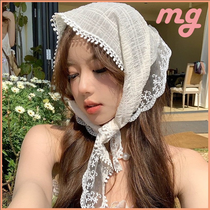 [จัดส่งจากกรุงเทพ] แฟชั่นเกาหลี ย้อนยุค ผ้าพันคอผ้าสีขาว ที่คาดผม ลูกไม้สามเหลี่ยม เครื่องประดับแฟชั่นคุณภาพสูง