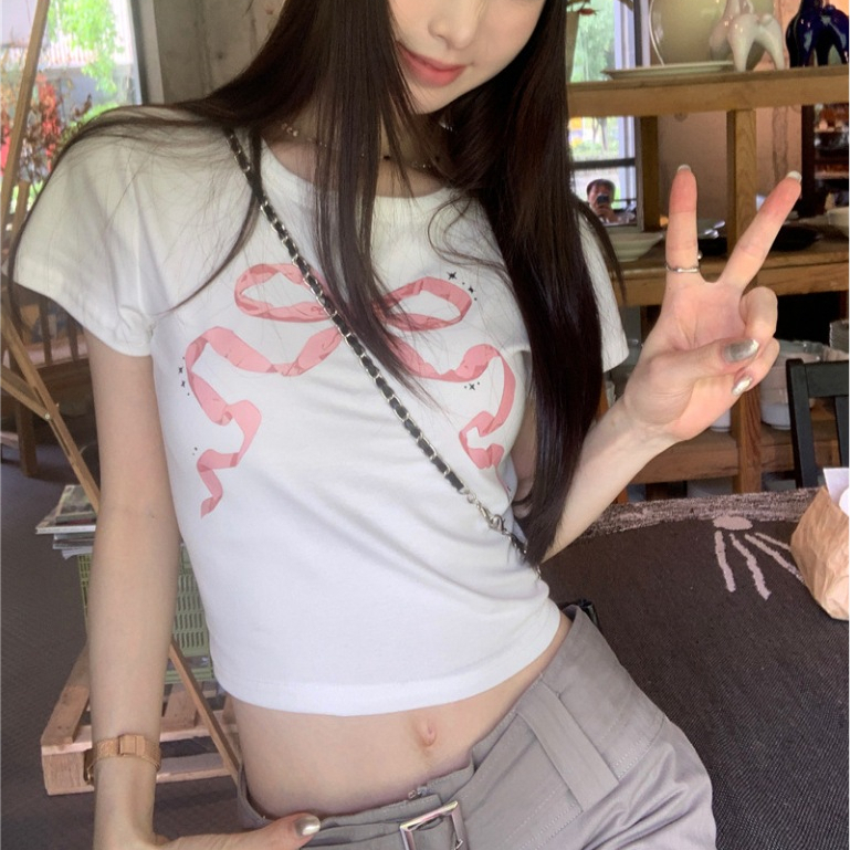 Cotton T-shirtโบว์ เสื้อครอปแขนสั้น ผ้าคัตคอน นิ่มใส่สบาย #แขนสั้น มี 2 ​​สีให้เลือก