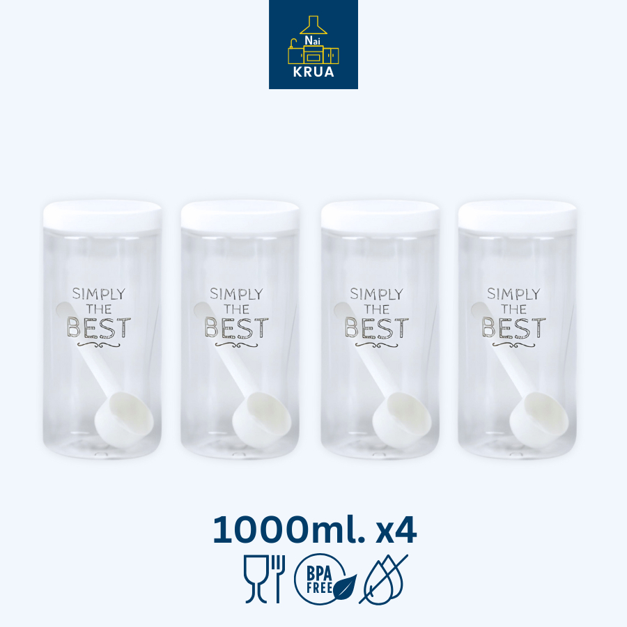 Naikrua ขวดโหลพลาสติก 4 ชิ้น ความจุ 1,000 มล. แถมช้อน BPA free กระปุกพลาสติก Airtight Canist