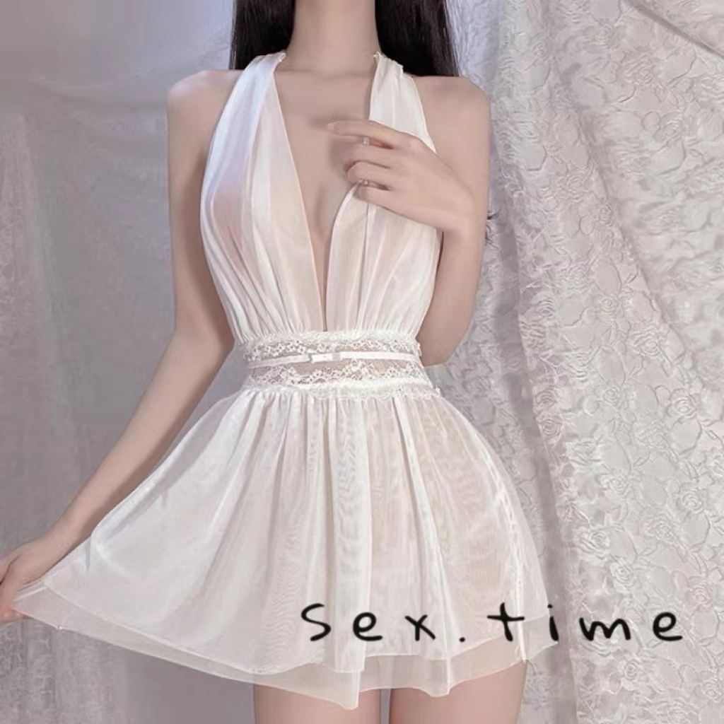 Sex time ชุดนอนสีพื้น sexy วีคอปก ชุดเดรสสายเดี่ยว โชว์หลัง（4สี）H1137