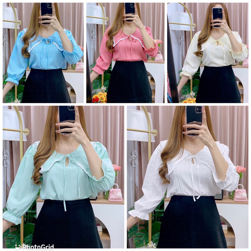 เสื้อแฟชั่นคอปกกุ้นหยดน้ำ ผ้าร่อง เเขนยาวอก40ยาว23
