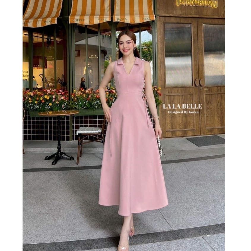 LA LA BELLE เดรสผ้าสูทเรียบหรูดูแพงทรงคอวีปกPINK(*สอบถามสต๊อกก่อนกดสั่งน๊า)