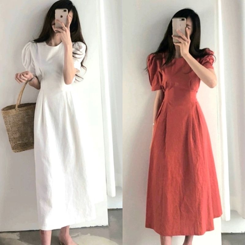 พร้อมส่ง2สี สีแดงอิฐ,สีขาว เดรสขาวยาว ผูกโบว์ด้านหลัง เดรสยาวมินิมอล D120
