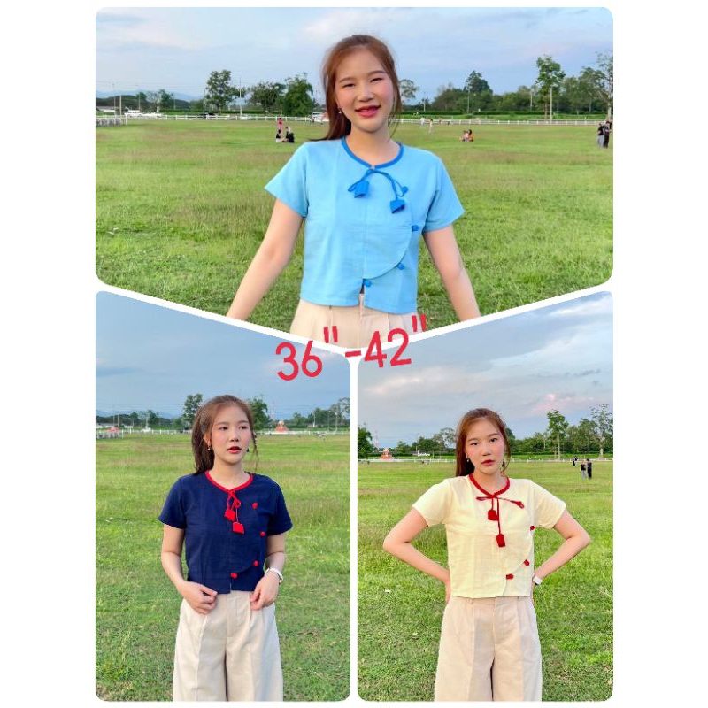 เสื้อคอกลมกุ้นคอแต่งดอกทิวลิป