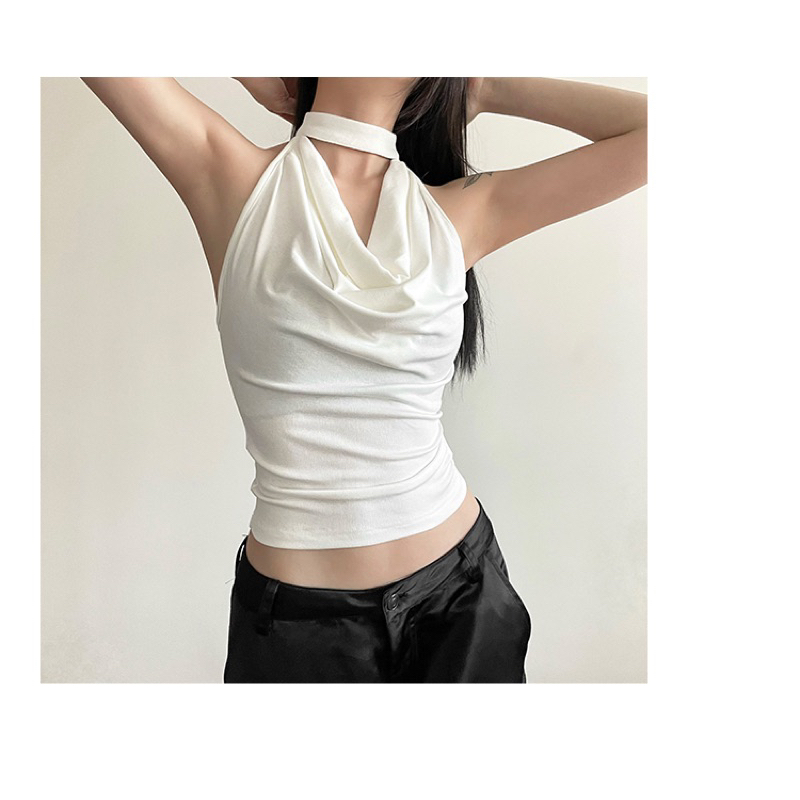 เสื้อสตรีสายเดี่ยวสีดำเซ็กซี่เปลือยหลังหวานเย็นบางสตรีทแฟชั่นเชือกแขวนคอสั้นสำหรับผู้หญิง
