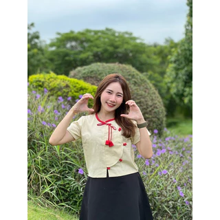 เสื้อครอปผ้าฝ้ายผู้หญิงผูกดอกทิวลิปคอกลมกระดุมปั๊ม