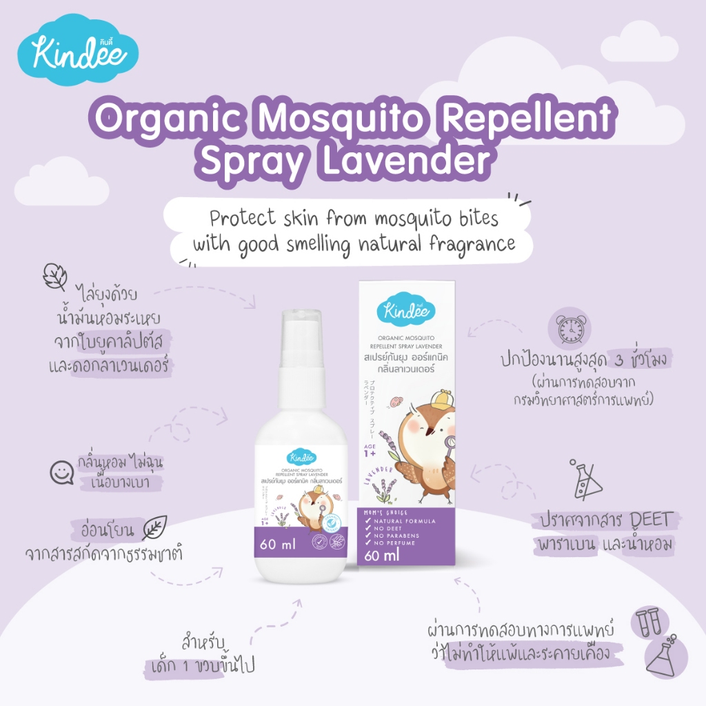 Kindee สเปรย์กันยุง กลิ่นลาเวนเดอร์ ขนาด 60 ml.