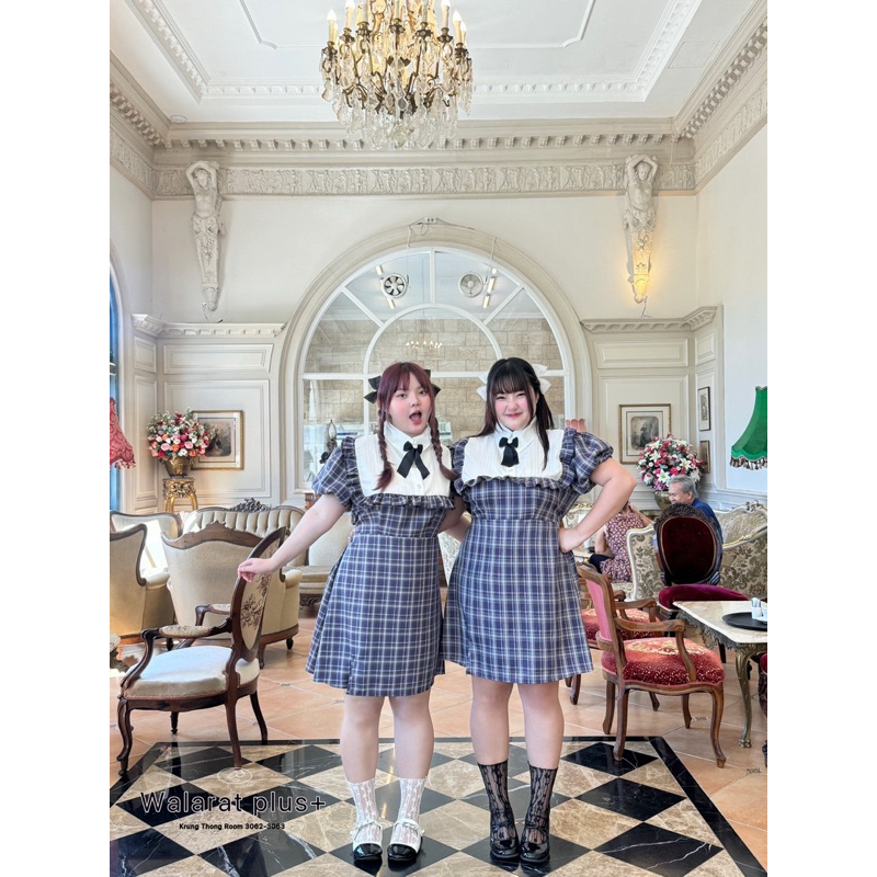 ชุดเดรช สก๊อตคุณหนูประสาททองมากกกกก โบสีดำสามารถถอดออกได้เป็นเข็มขัด น่ารักมาก plussize สาวอวบ