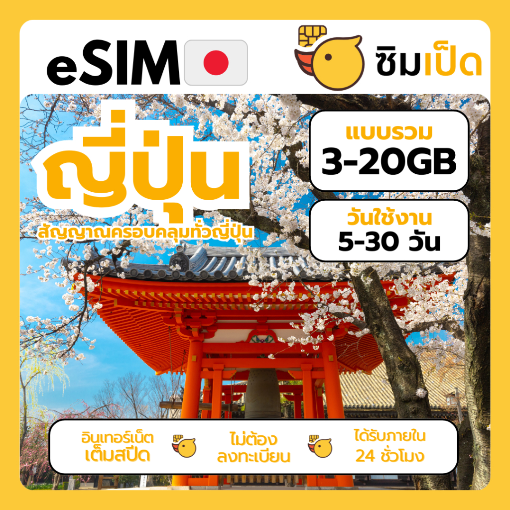 ซิมเป็ด eSIM อีซิมญี่ปุ่น ซิมเน็ตญี่ปุ่นราคาสุดคุ้ม เน็ตเต็มสปีด เลือก GB ตามการใช้งาน 3GB - 20 GB