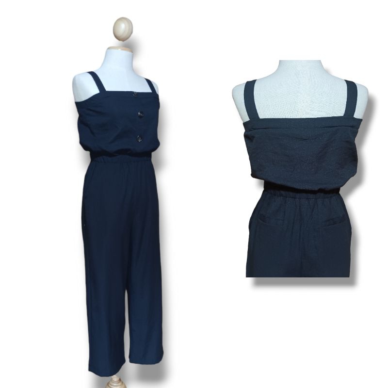 JS123 จั๊มสูทดำสม็อคหลังเอวจั๊ม ผ้าลินิน size M