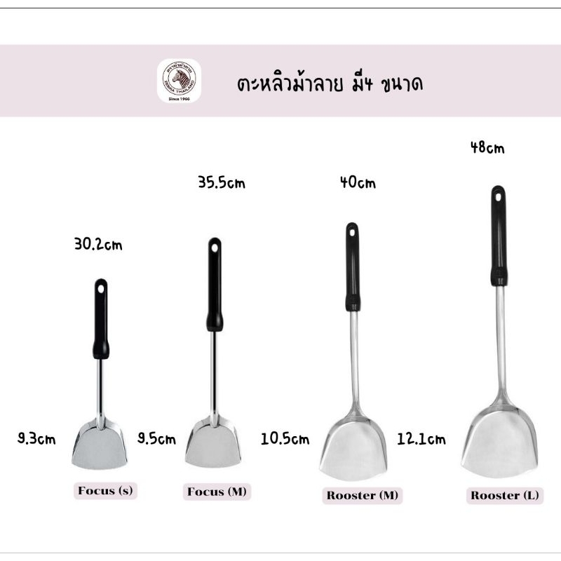 Zebra ตะหลิวสแตนเลส ด้ามเบกาไลท์ ตราหัวม้าลาย มี4ขนาด Focus (S) Focus(M) Rooster(M) Rooster(L)