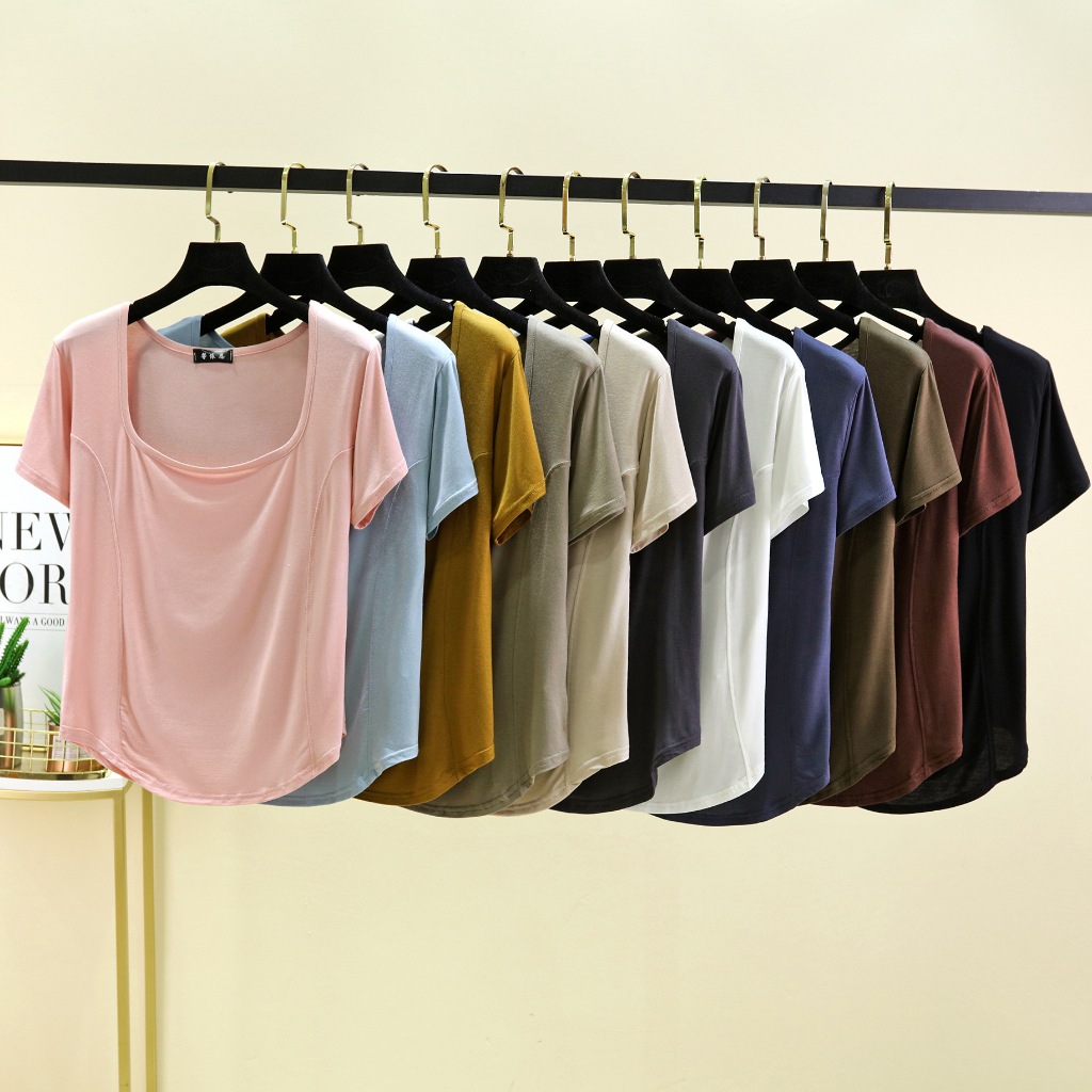 2403 เสื้อยืดคอเหลี่ยมแขนสั้น ชายโคร่งสีพื้น เนื้อผ้าเรย่อน คอต่ำ เนื้อผ้านิ่มบางเบาใส่สบาย Modal T-shirts ราคา ถูกที่สุด ดีลบีเคเค แกลเลอรีภาพที่ 3
