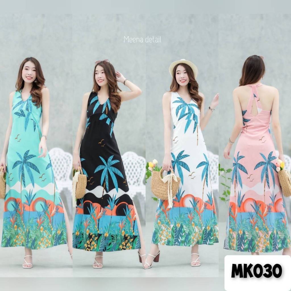 Maxi dress คอวีลายต้นมะพร้าวสุดชิค ดีเทลตัดต่อช่วงใต้อก สายไขว้ด้านหลัง ชุดเดรสแฟชั่น