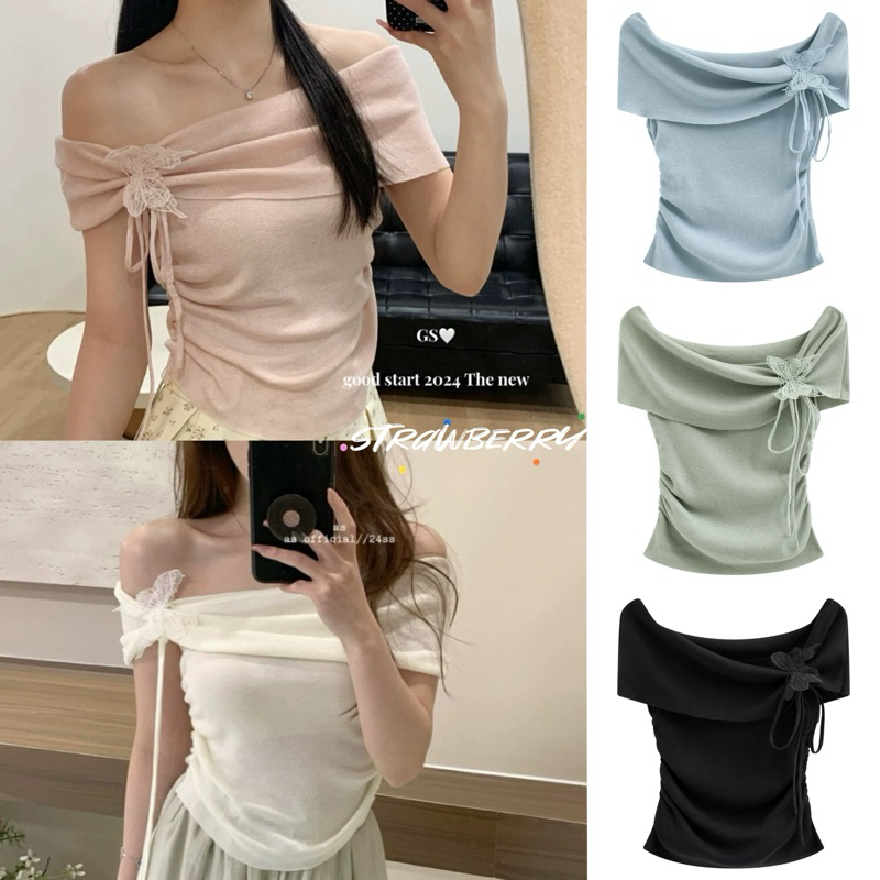 STR พร้อมส่ง เสื้อปาดไหล่แฟชั่นผู้หญิง เสื้อครอปแขนสั้น แต่งผีเสื้อ ทรงรัดรูป ใส่ได้หลายแบบ ผ้าไม้พรหม ชุดไปทะเล ไปคาเฟ่