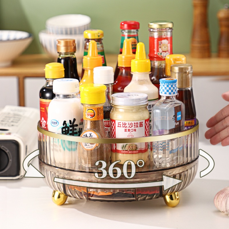 ชั้นวางหมุนได้ 360 องศาห้องครัวแผ่นเสียงโปร่งใสขวดปรุงรสชั้นวางห้องนั่งเล่น Desktop Storage กล่องเก็บของ