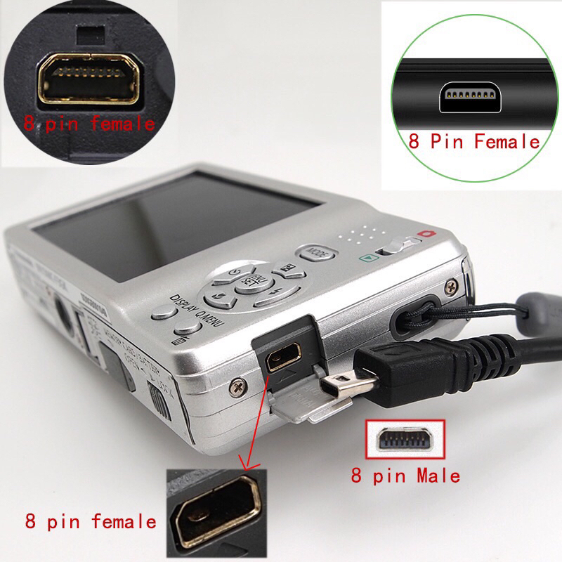 สายชาร์จสําหรับกล้อง Nikon Canon Olympus Pentax Sony Panasonic Sanyo Casio แบบรูเล็ก 8 pin