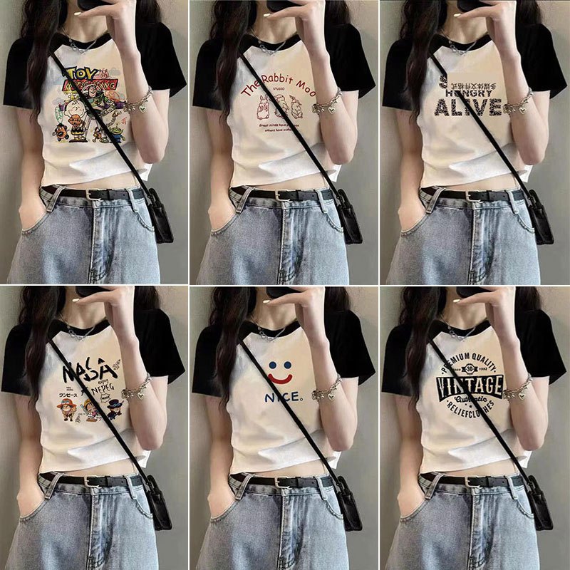 เสื้อครอปสาวอวบน่ารัก เสื้อผ้าสไตล์ญี่ปุ่นเกาหลี แฟชั่นมาใหม่ เสื้อยืดผู้หญิงรัดรูปสวยๆ แนวสตรีท พิมพ์ลาย เสื้อขาวแขนดํา