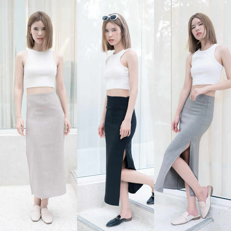 a Side Skirt กระโปรงยาวผ่าข้างผู้หญิงเอวสูง