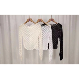 ส่งทันที Cici (NO. U092)เสื้อซีทรูคอกลม แขนยาวทรงกระดิ่ง ผ้าลูกไม้นิ่มยืดเยอะเข้ารูป สไตล์ Y2K เซ็กซี่ แซ่บๆ