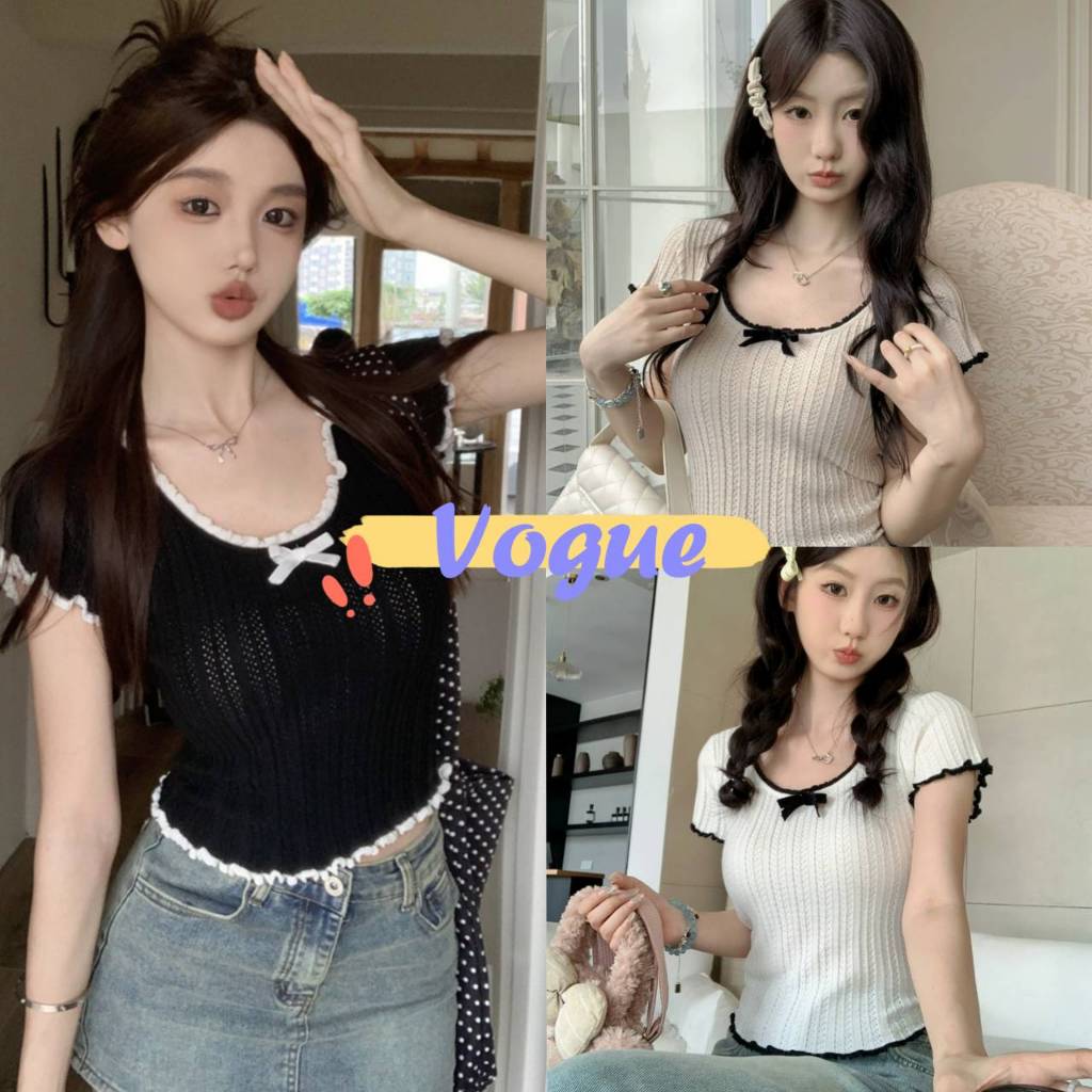 Vogue พร้อมส่ง เสื้อไหมพรมแขนสั้น คอกลม ดีเทลขอบหยัก ติดโบว์ (W044)