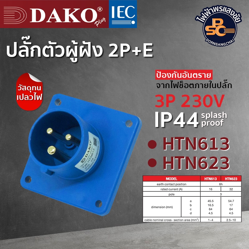 DAKO - ปลั๊กตัวผู้ฝัง 2P+E (3P) 16A, 32A 230V IP44 รหัส HTN613, HTN623