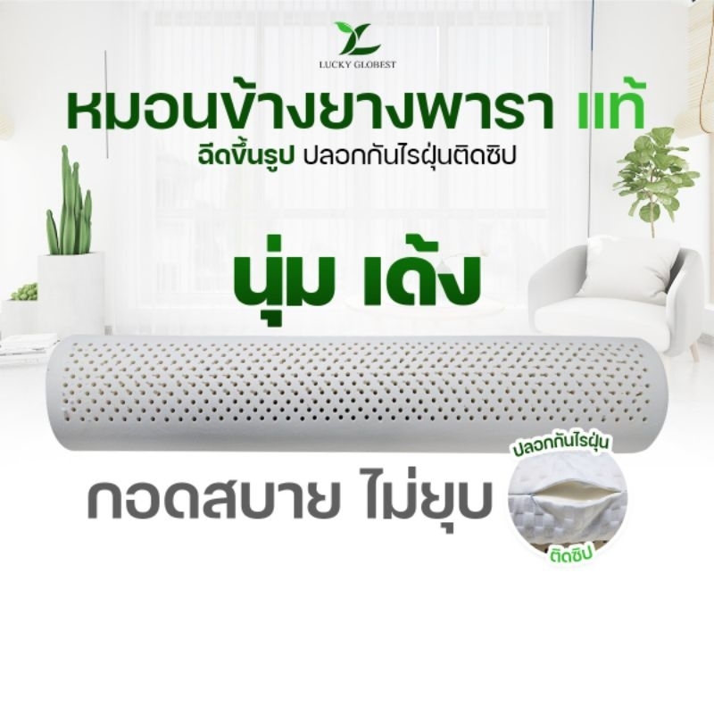 Lucky Globestหมอนข้างยางพาราแท้ฉีดขึ้นรูป100% ปลอกผ้า2ชั้นติดซิป(คละลาย)