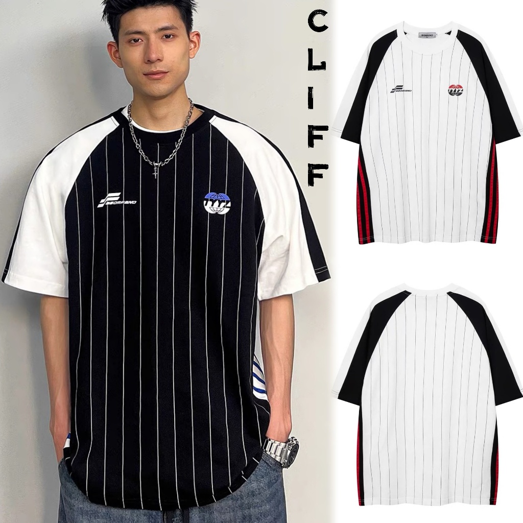 CLIFF เสื้อยืดผู้ชาย แขนสั้นลายทาง ชุดคู่รัก แฟชั่นอินเทรนด์สไตล์ย้อนยุค