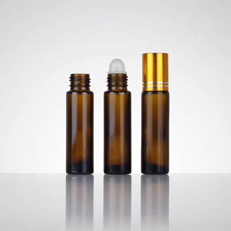 (แพ็ค10ขวด) ขวดลูกกลิ้งสีชา เอสเซ้น ใส่น้ำหอม พิมเสน [หัวสแตนเลส] ขนาด 10ml
