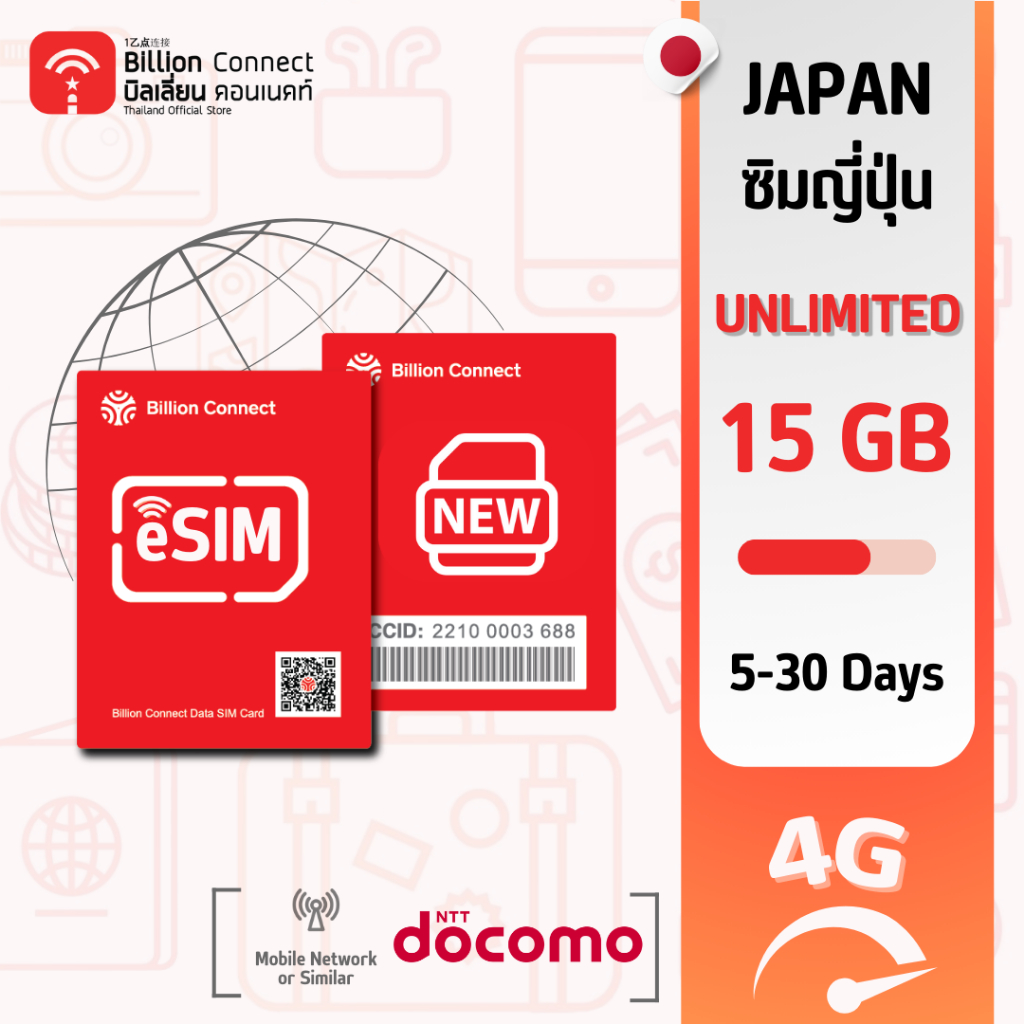 [eSIM] Japan Sim Card Unlimited 15GB Unlimited สัญญาณ Docomo: ซิมญี่ปุ่น 5-30 วัน by ซิมต่างประเทศ B