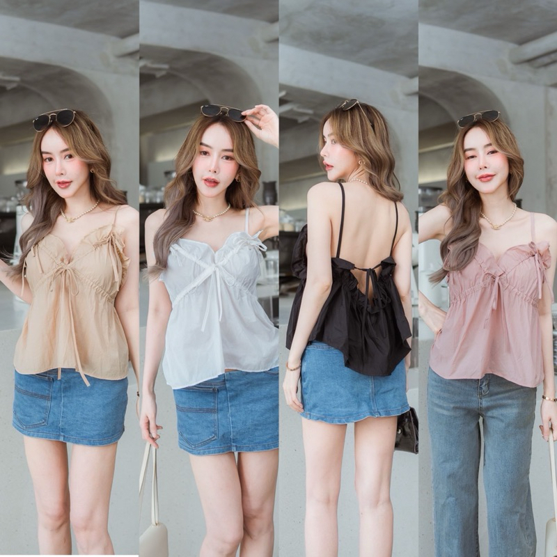เสื้อสายเดี่ยว ผูกหลัง แต่งโบว์ระบายอก ผ้า Nylon