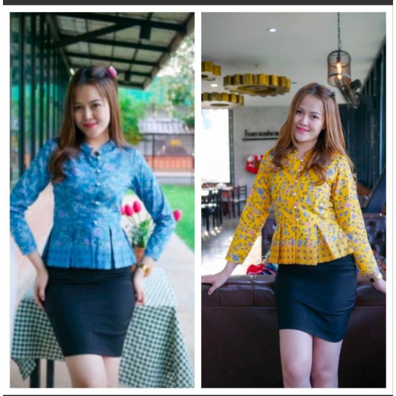 เสื้อผ้าไทยผู้หญิง ลายปาเต๊ะ สีเขียว แขนยาว คอจีนชายระบาย
