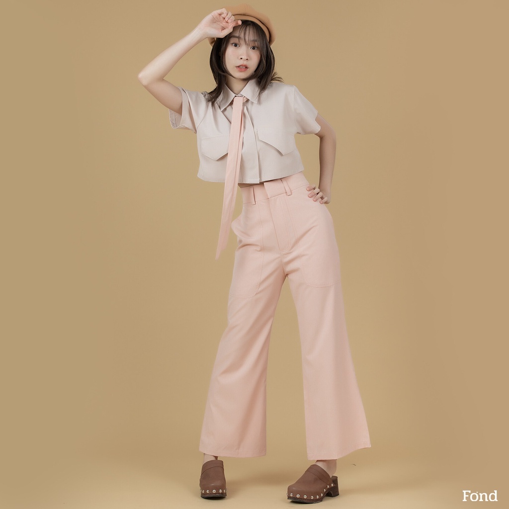 [ ส่งต่อ ] มือ1 เซ็ตเสื้อและกางเกง Fond เสื้อเชิ้ตครอปแขนสั้น กางเกงขายาวขาบานเอวสูง (กางเกงมีซับใน)