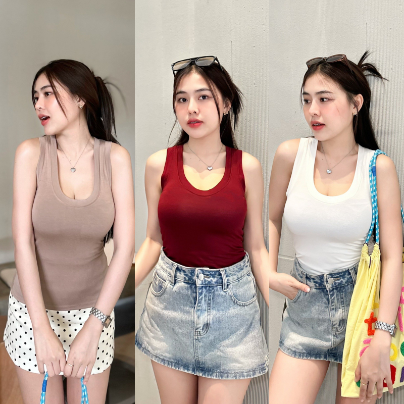 เสื้อกล้ามรัดรูป เสื้อแขนกุด ผ้าเรย่อนใส่สบาย ผ้านิ่มยืดเยอะ 🐰 สาวอวบใส่ได้ เบสิคสไตล์สุดใส่ได้ทุกวัน รุ่น กล้ามอุด้ง