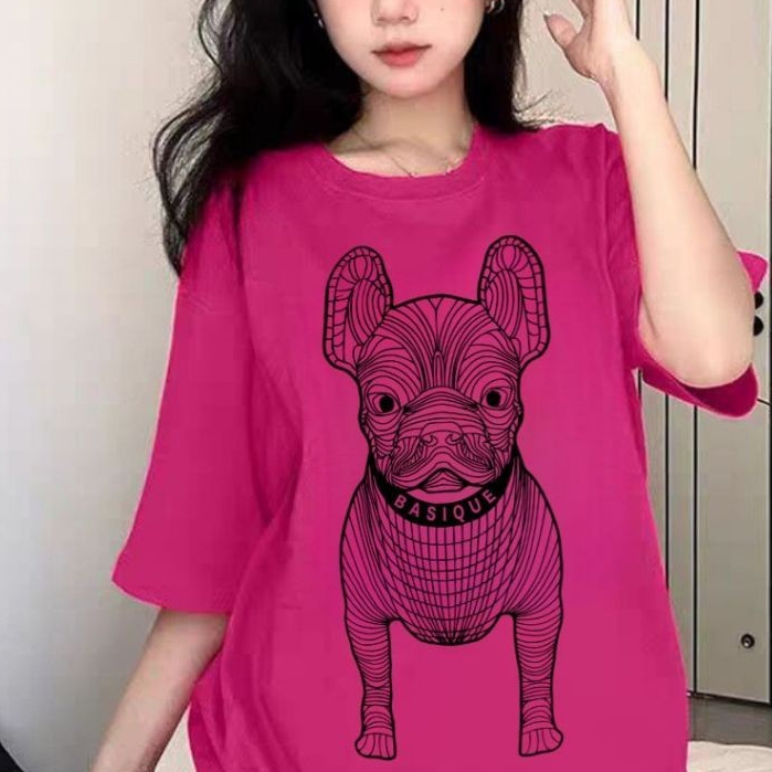 Um. shop 【ผ้าหนาคอตตอน หนัก200g】เสื้อยืดoversize สีpink ชมพูบานเย็น แฟชั่น ลายสุดฮิตน้องหมาลายเส้นเท่ๆ ไม่ย้วย ใส่สบาย
