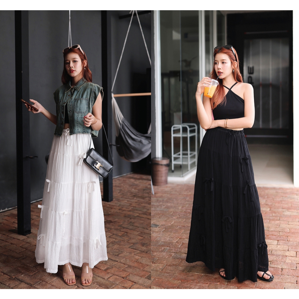 [Sale ปกติ 650 เหลือ 490 บาท] P0122996 Ribbon Maxi Skirt - มี 2 สี : สีขาว , สีดำ - NUMBERSEVEN