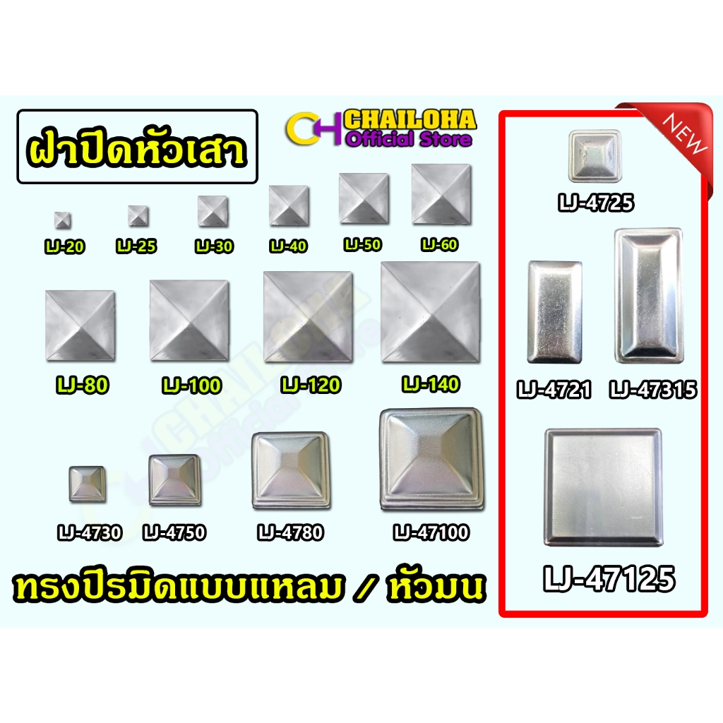 ฝาปิดหัวเสาปิระมิดแบบหัวแหลม และหัวมน สำหรับเหล็กกล่องขนาด 3/4" - 6"