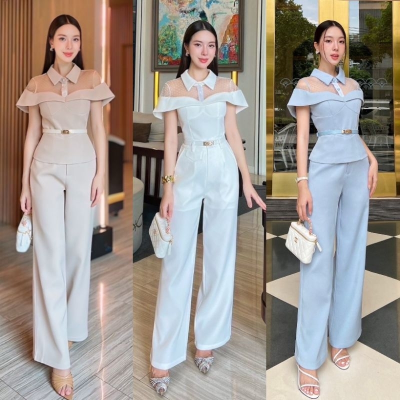[พร้อมส่ง สีฟ้า Shimmer ชุดเซ็ตเสื้อ+กางเกงขายาวแขนคลุมไหล่