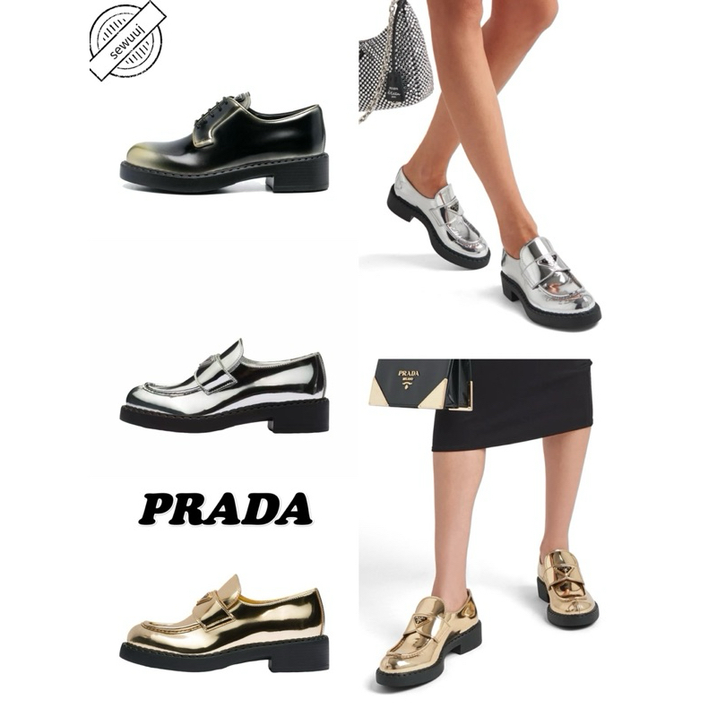 รองเท้าโลฟเฟอร์แฟชั่นแบบผูกเชือกหนัง PRADA ของแท้