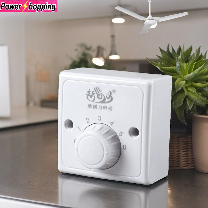 Power shopping สวิทช์พัดลมเพดาน อะไหล่พัดลม สวิทช์ควบคุมความเร็ว 5จังหวะ 86x86mm แรงดัน220V 10A กำลัง15-200W