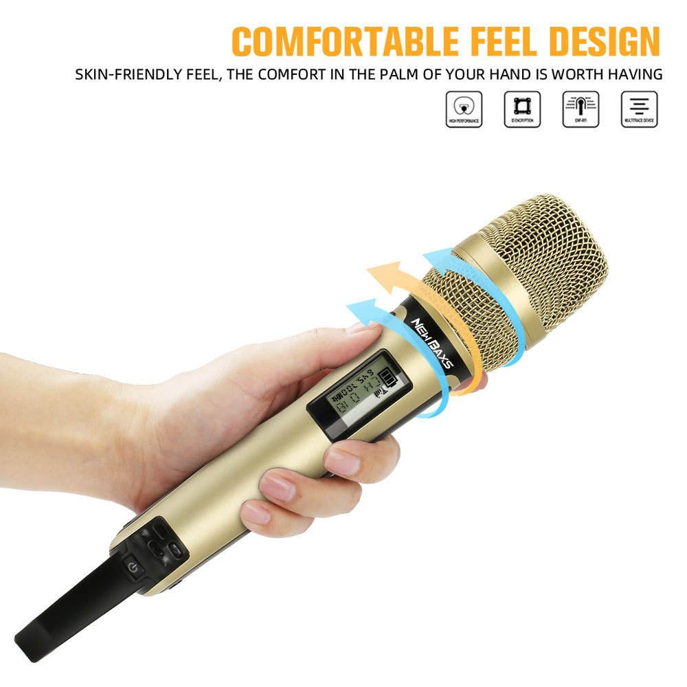 NEW BAXS SKM9000 ไมโครโฟนไร้สาย 2 มือถือ 200 เมตรรับระยะทาง 4 เสาอากาศ UHF FM โลหะเต็มรูปแบบวัสดุอุปกรณ์ร้องเพลง