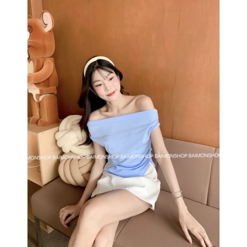Cotton เสื้อปาดไหล่จับจีบข้าง ผ้ายูนิโคล่