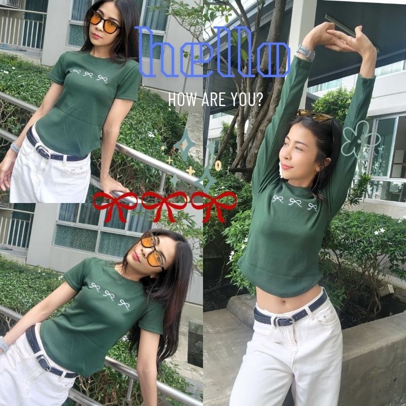 เสื้อยืดแขนสั้นและเเขนยาวผ้าร่องยืดเกาหลีงานปักโบว์(สีเขียว)