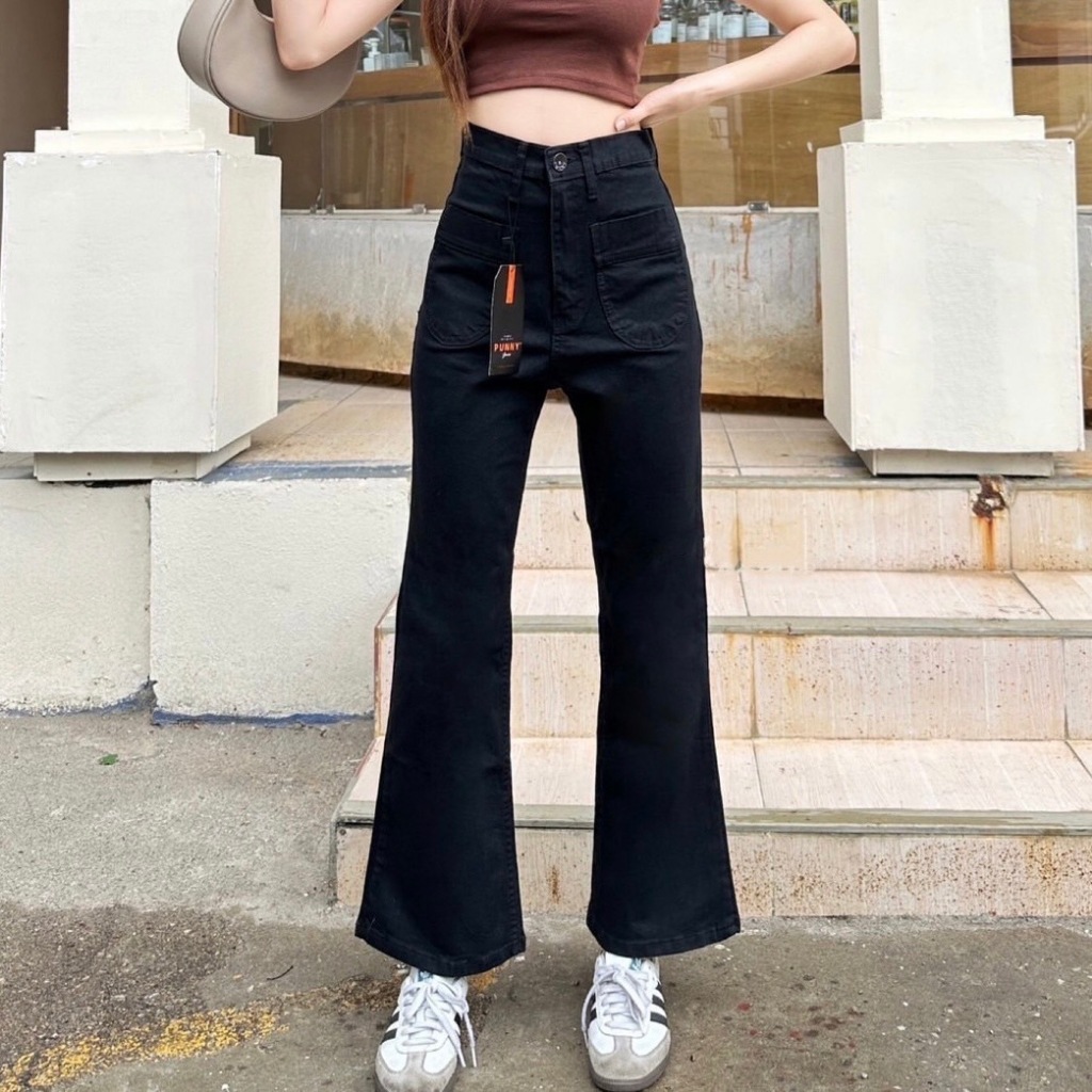 TwiceJeans กางเกงยีนส์ ขาม้าเต่อผ้ายืด เป๋าด้านหน้า เข้ารูป เก็บทรงสวย สีดำ