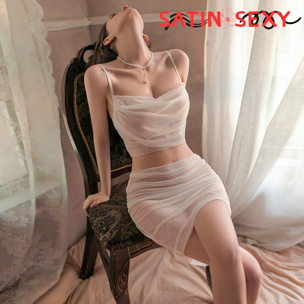 SATIN SEXY ชุดนอนเซ็กซี่ ชุดนอนสายเดี่ยว ชุดนอนซีทรู ชุดนอนเปิดหลัง เซ็ต2ชิ้น S-382