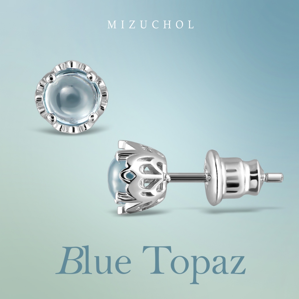 Mizuchol - ต่างหูแป้น Raindrop Stud Earrings ประดับพลอย Blue Topaz