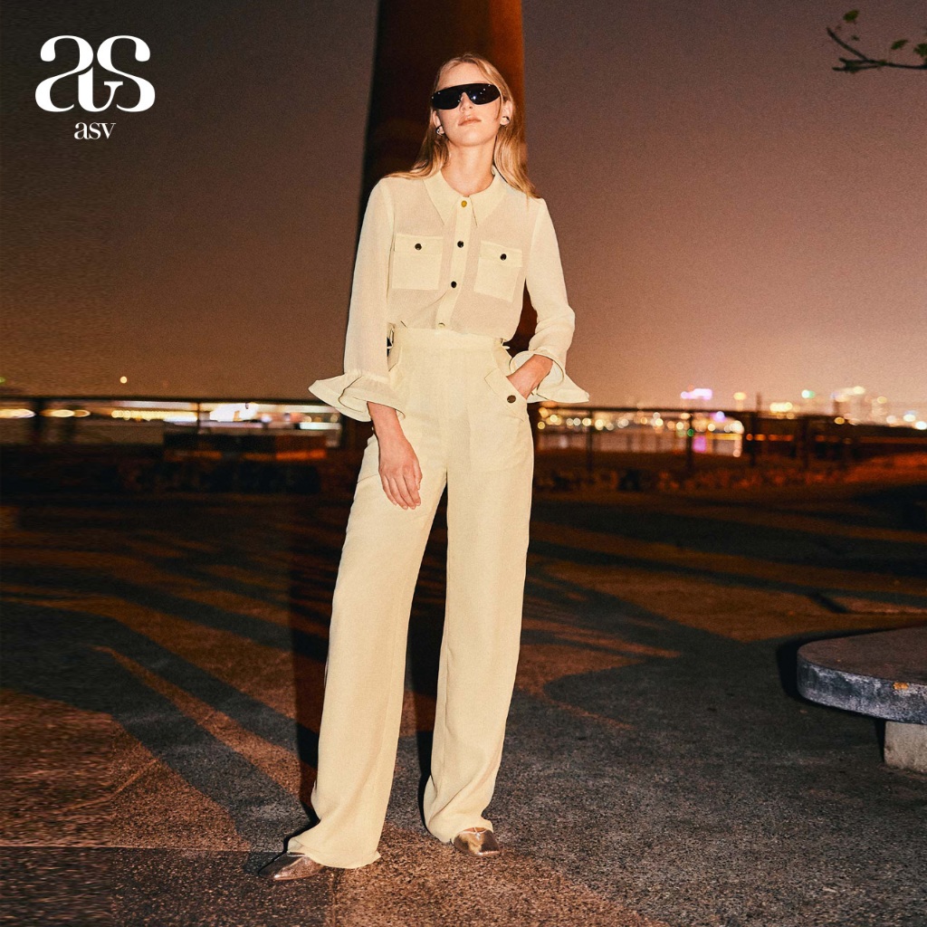 [asv ss24] Brittany Straight Pants กางเกงผู้หญิง ขายาว แต่งกระเป๋าข้าง ผ้าชีฟองทอลาย