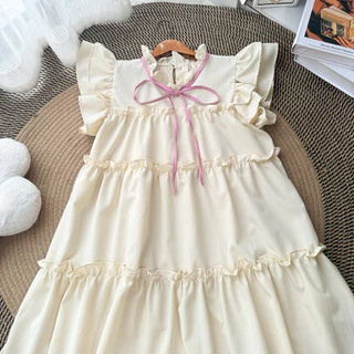 Dress ผูกโบว์แขนระบายชั้นทรงปล่อย ( B-01 )